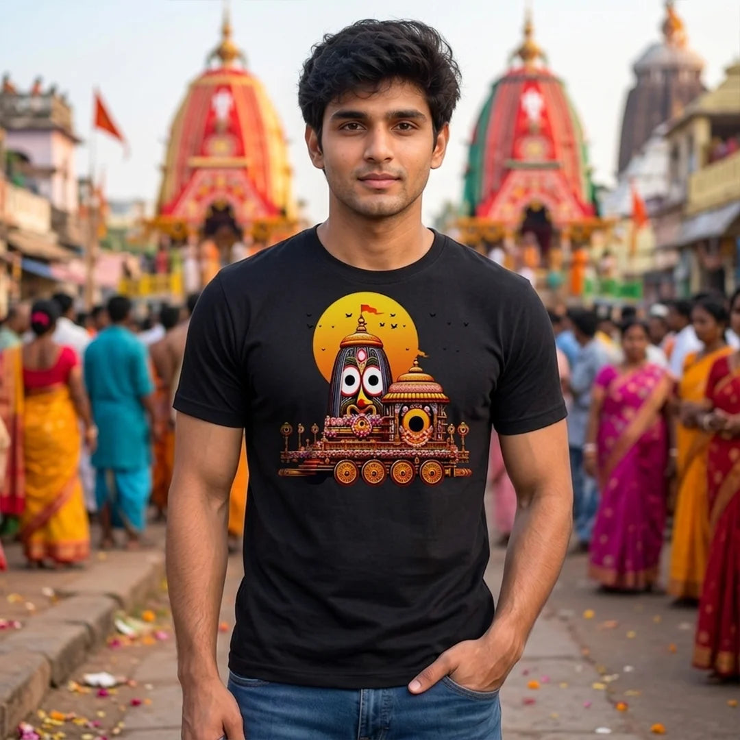 Premium Men's Pure Cotton Lord Jagannath Face & Rath Yatra Chariot Graphic T-Shirt