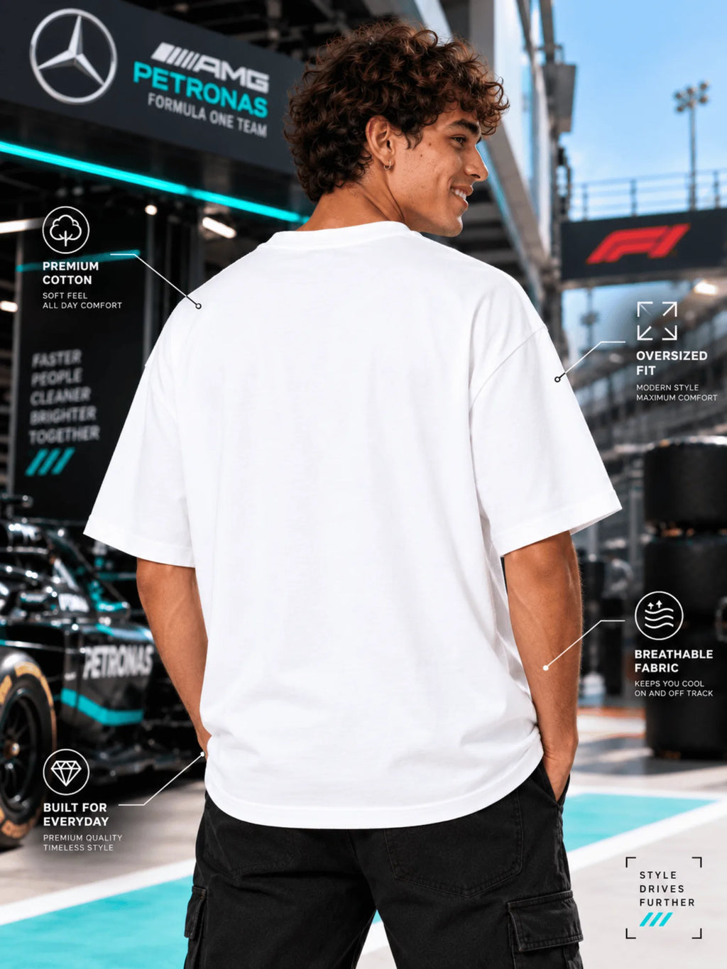 Excello Men's Mercedes-AMG Petronas F1 Graphic Oversized T-Shirt | white