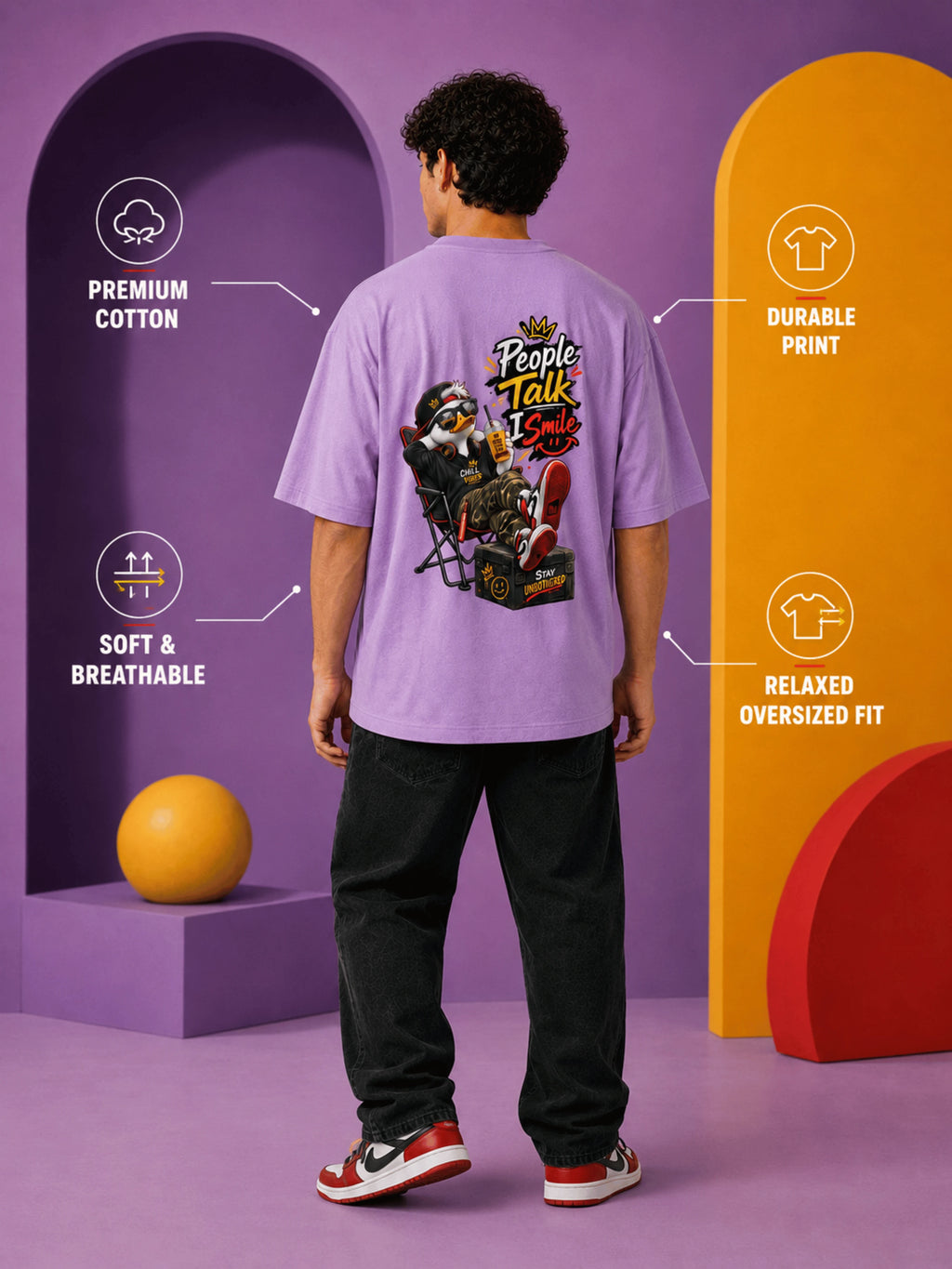 Excello Men's 'People Talk I Smile' Chill Duck Graphic Oversized T-Shirt | Lavender
