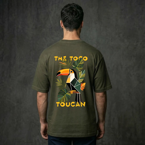 "The Toco Toucan" Tropical Graphic Oversized T-Shirt – Olive Green