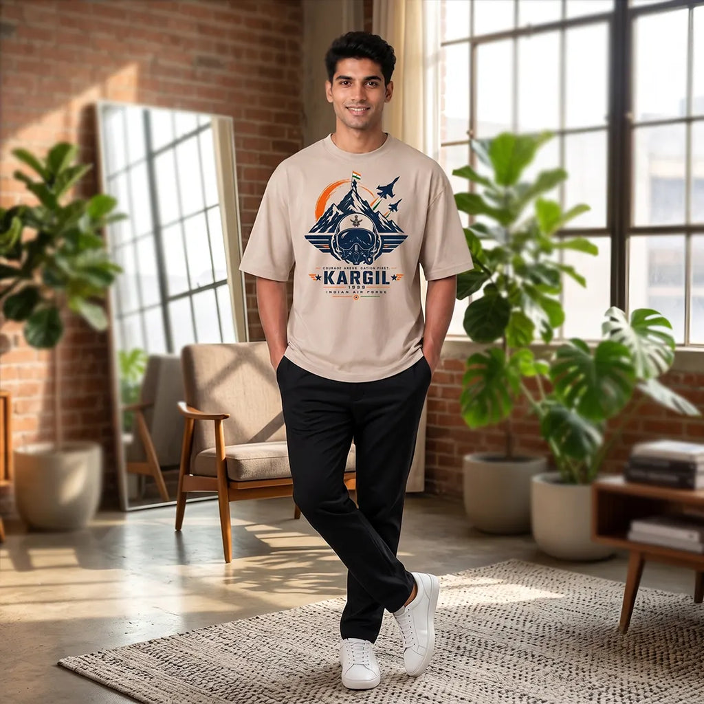 Men's Oversized Graphic T-Shirt - Kargil 1999 Indian Air Force Tribute, 240 GSM Pure Cotton, Bio-Washed