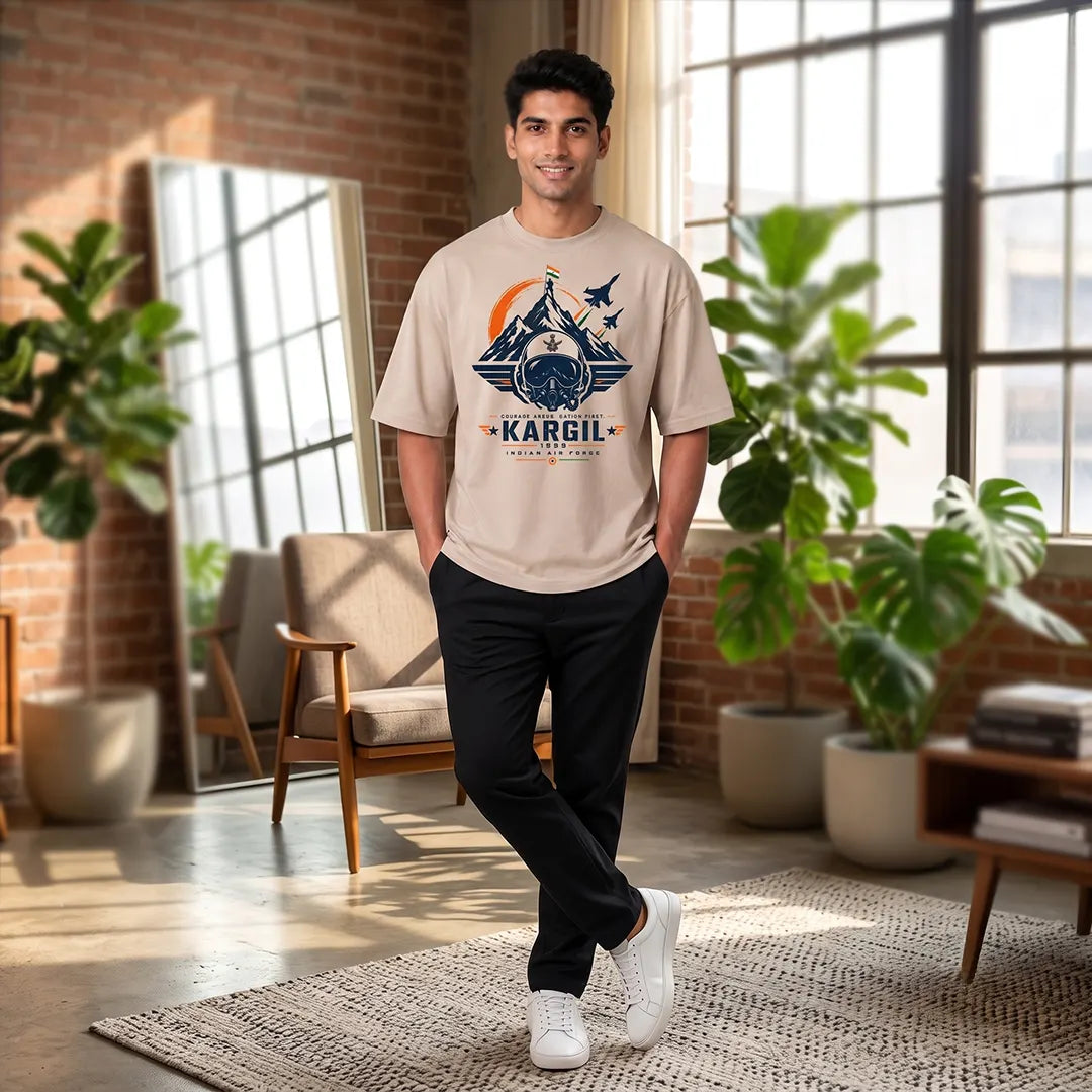 Men's Oversized Graphic T-Shirt - Kargil 1999 Indian Air Force Tribute, 240 GSM Pure Cotton, Bio-Washed