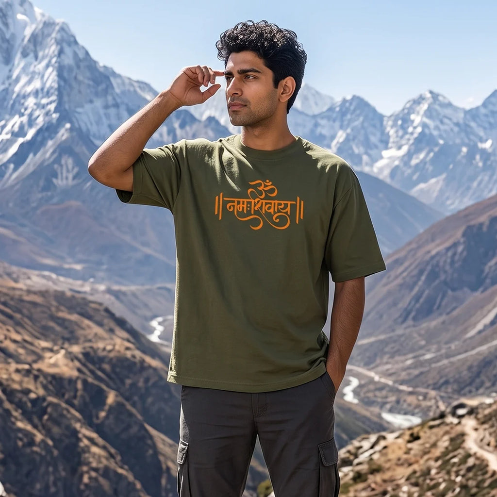 Men's Pure Cotton Oversized Printed T-Shirt | Lord Shiva Mahadev Trishul Graphic Print Drop Shoulder Loose Fit Crew Neck Tee