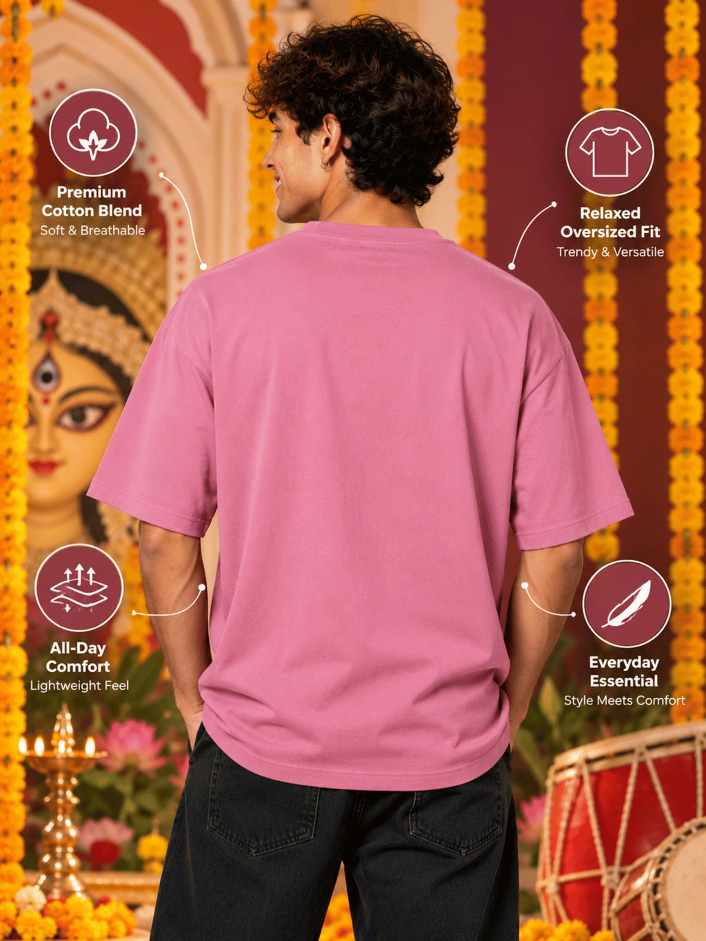 Excello Men's Divine Durga Family Graphic Oversized T-Shirt | Pink