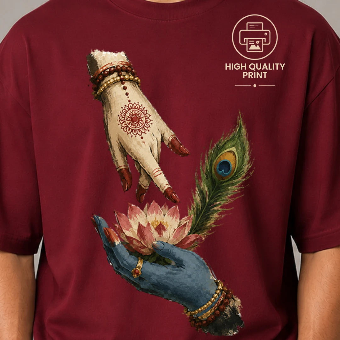 Excello Men's Divine Radha Krishna Lotus Graphic Oversized T-Shirt - 240 GSM Pure Cotton, Bio-Washed