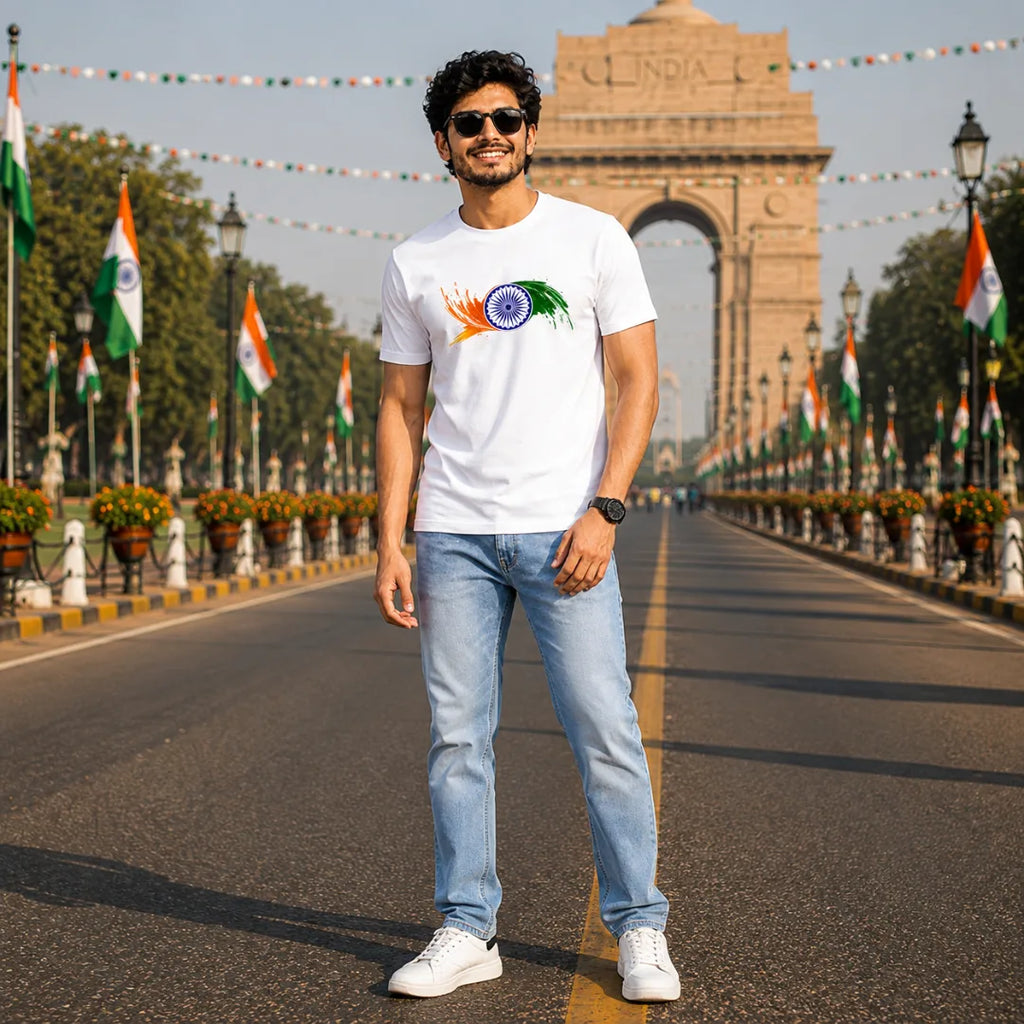 Premium Patriotic Ashoka Chakra T-Shirt | 180 GSM Pure Cotton, Bio-Washed Regular Fit