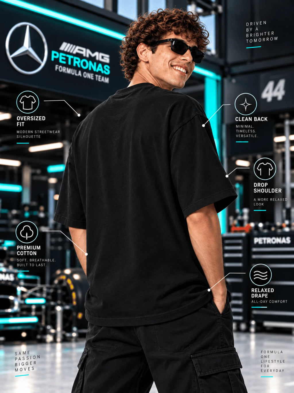 Excello Men's Mercedes-AMG Petronas F1 Graphic Oversized T-Shirt | Black