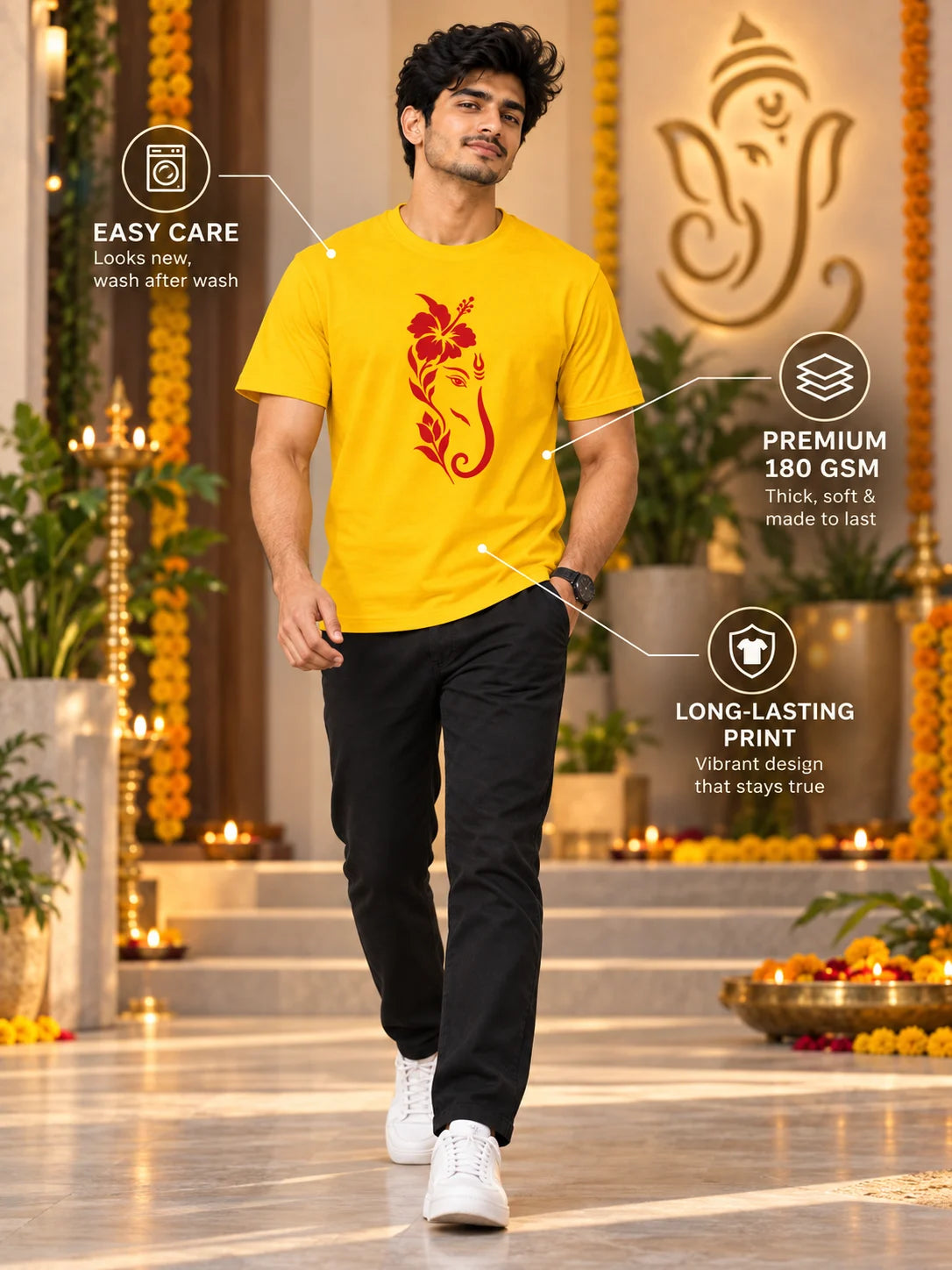 Men's Premium Pure Cotton Ganesha Graphic T-Shirt | 180 GSM Bio-Washed Regular Fit-Yellow