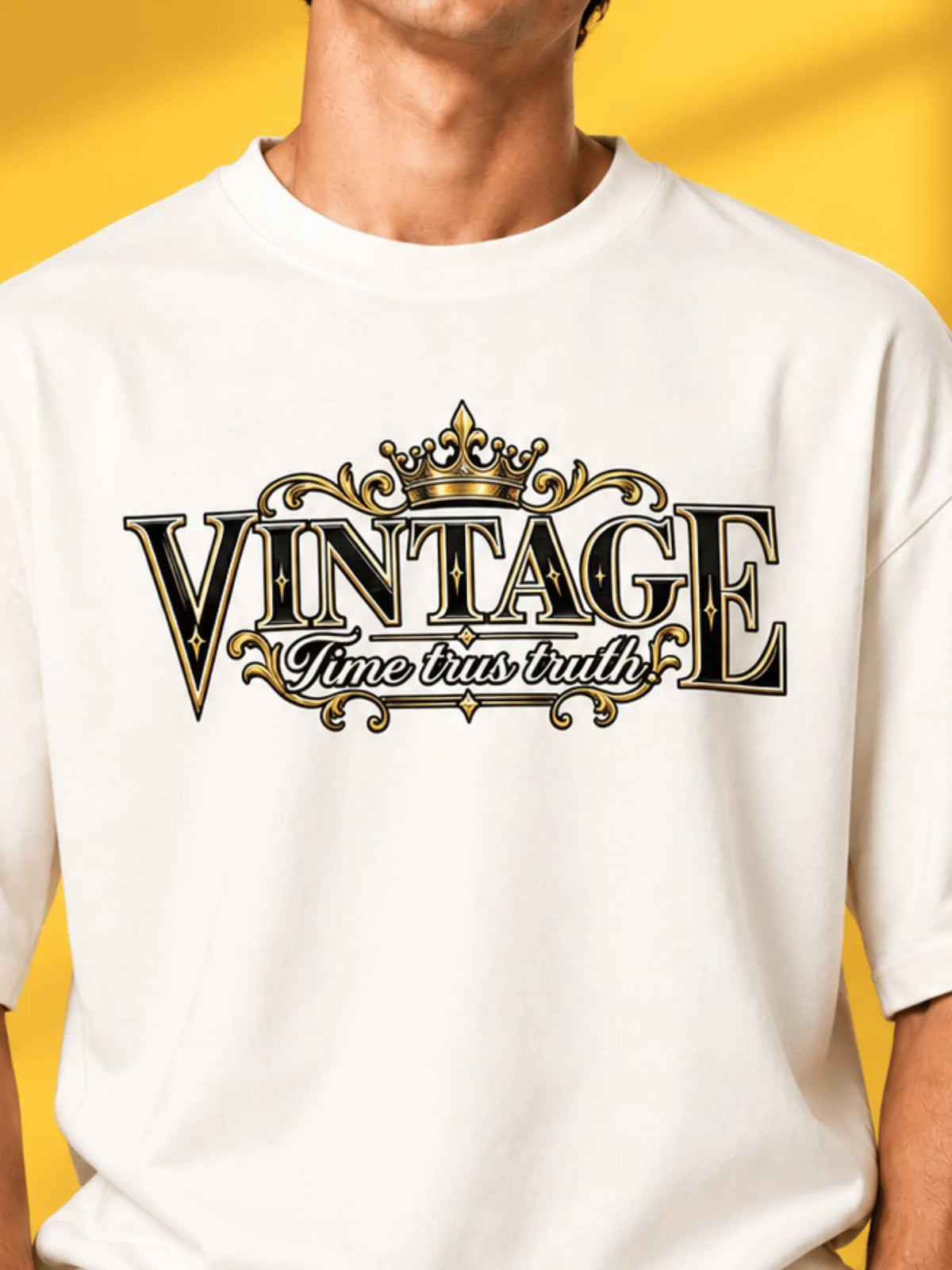 Excello Men's Vintage Crown Graphic Oversized T-Shirt | Off White