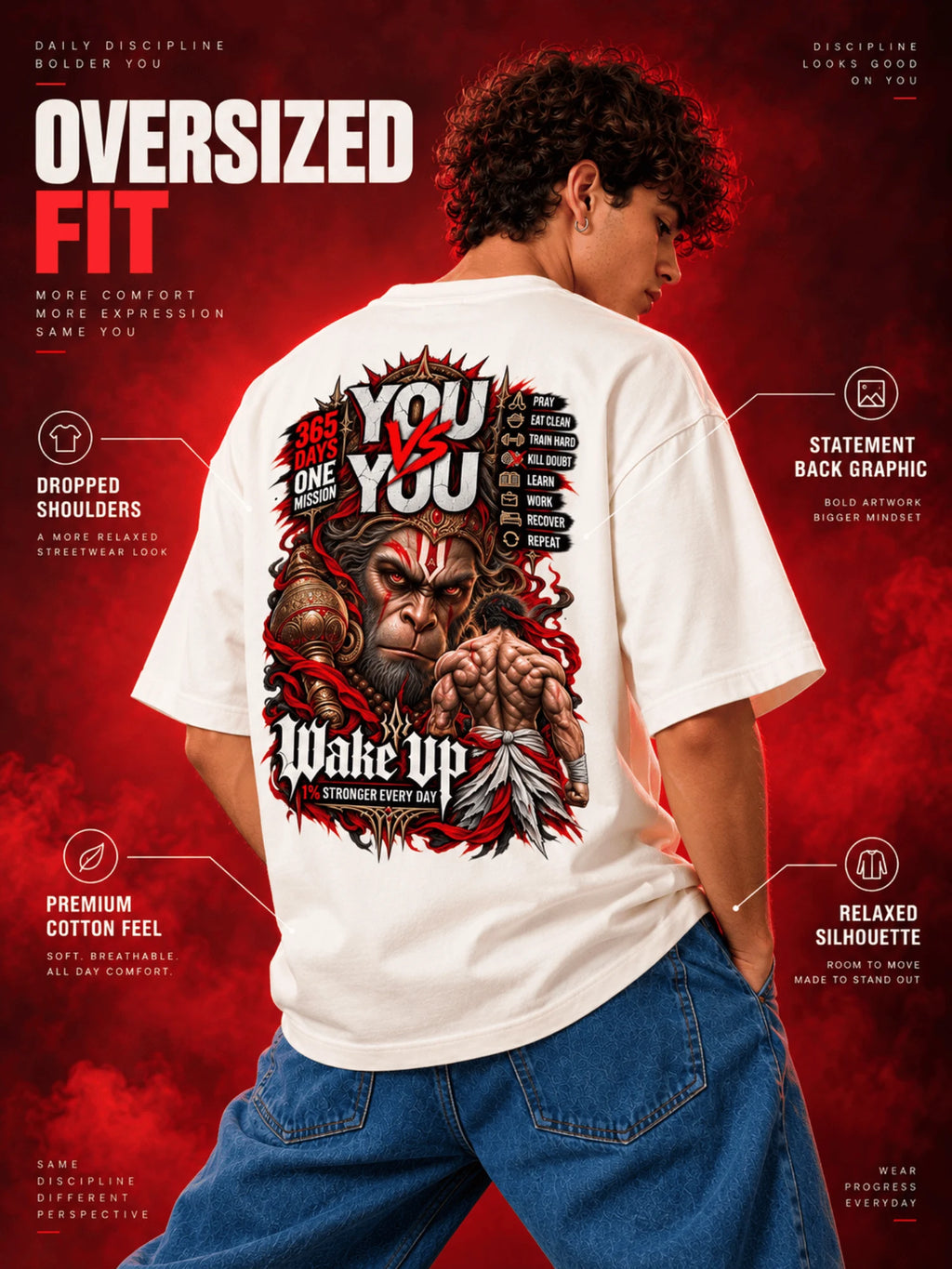 Excello Men's 'You vs You' Hanuman Graphic Oversized T-Shirt | Off White