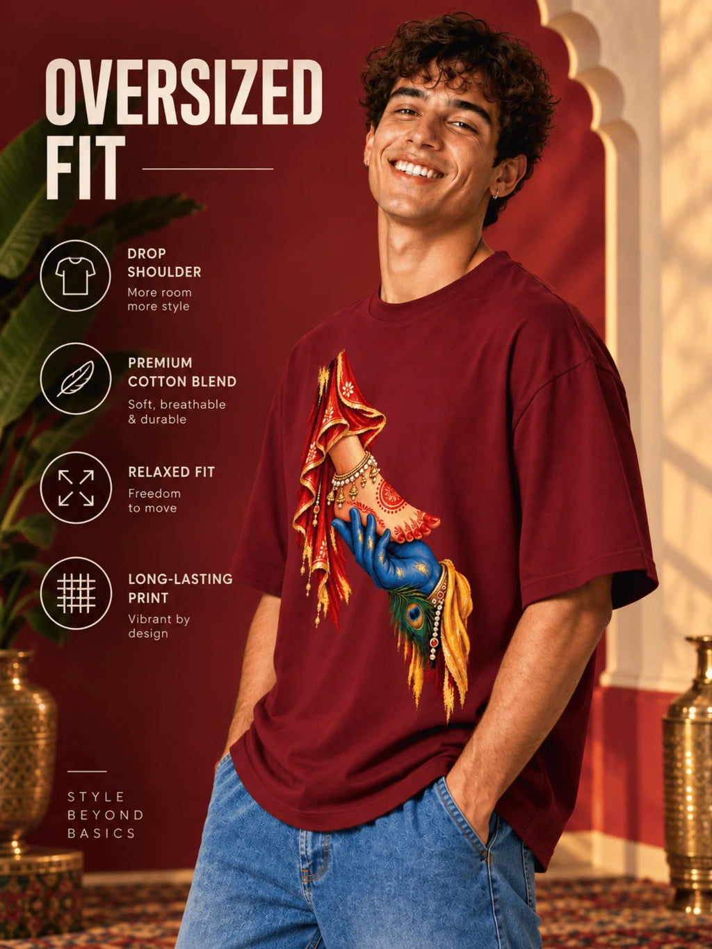 Excello Men's Divine Radha Krishna Love Graphic Oversized T-Shirt - 240 GSM | Maroon