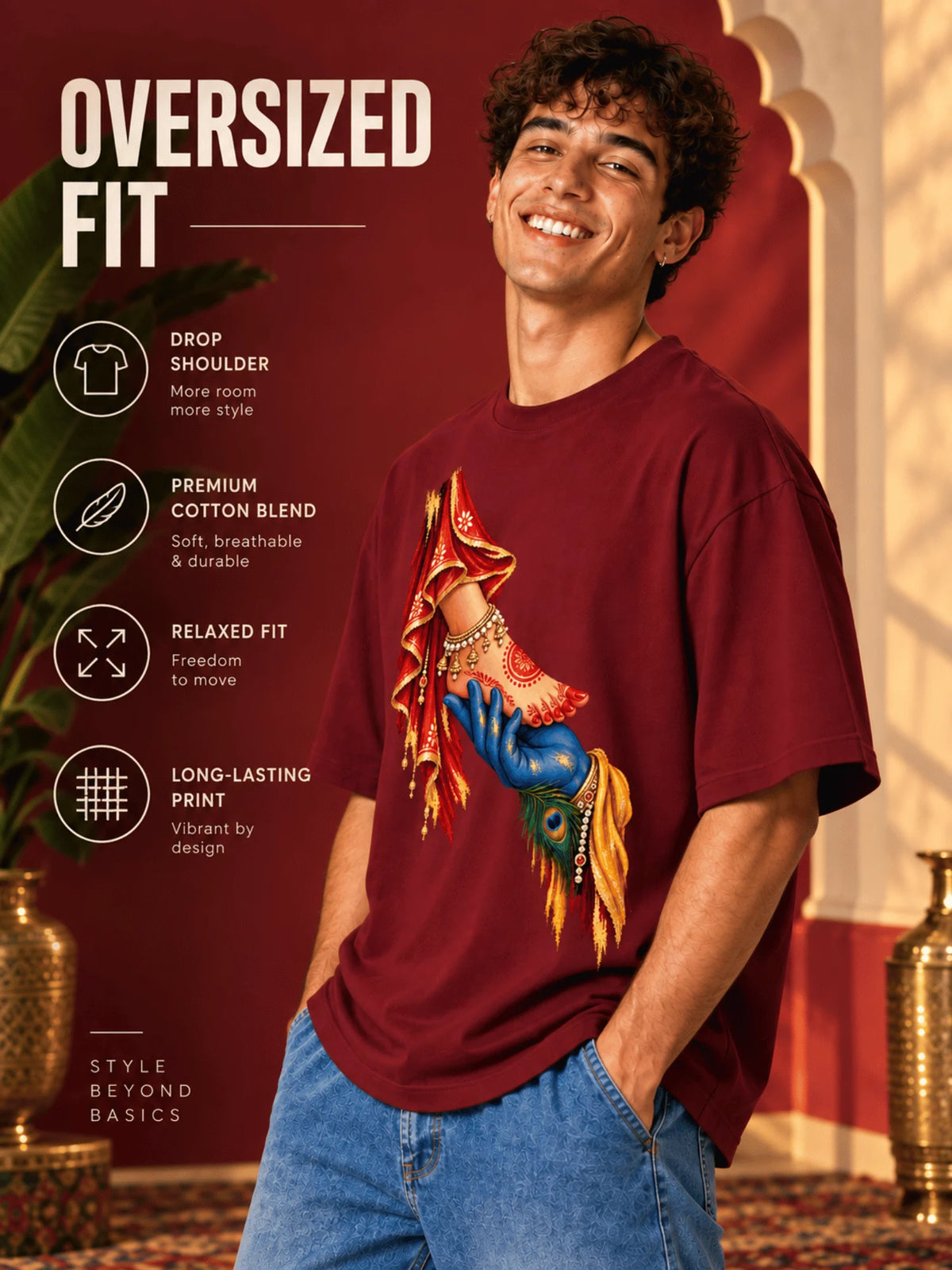 Excello Men's Divine Radha Krishna Love Graphic Oversized T-Shirt - 240 GSM | Maroon