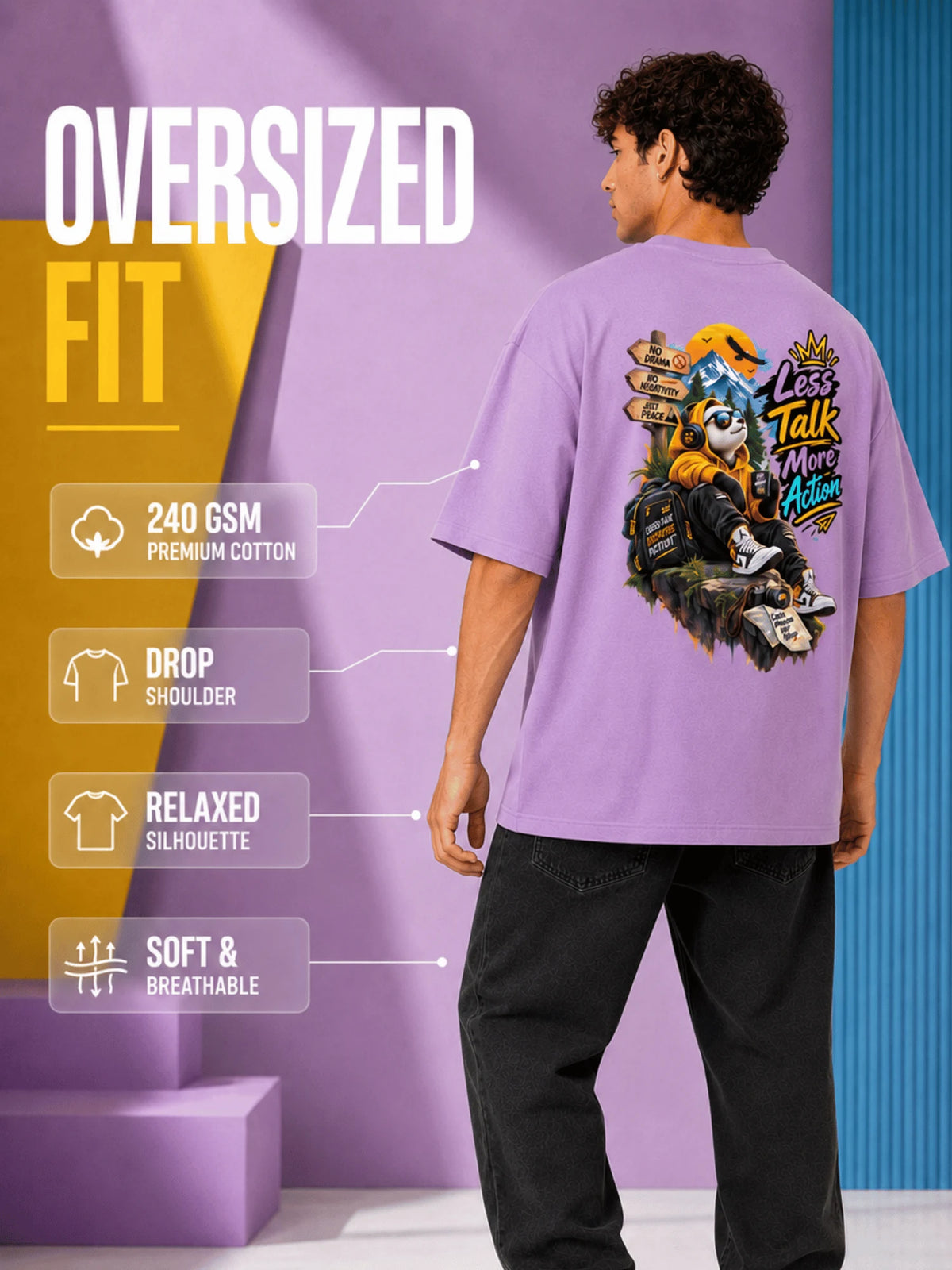 Excello Men's 'Less Talk More Action' Panda Graphic Oversized T-Shirt | Lavender