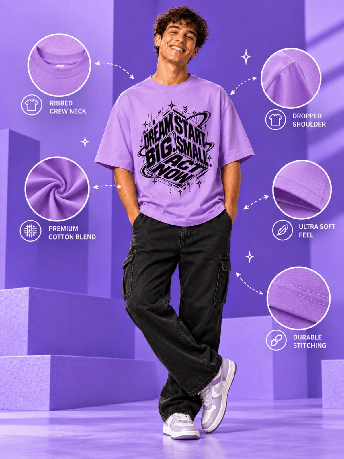 Excello Men's 'Dream Big' Motivational Graphic Oversized T-Shirt | Lavender