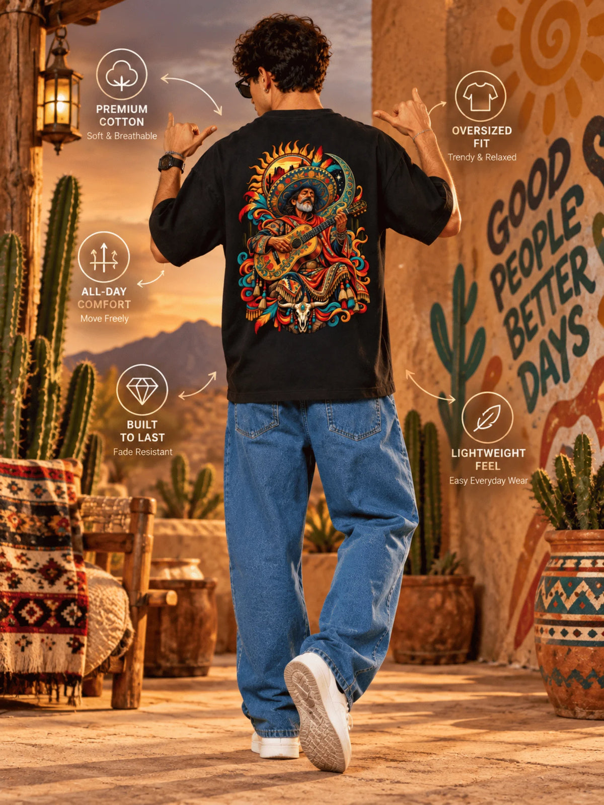 Excello Men's Mexican Musician Graphic Oversized T-Shirt | Black