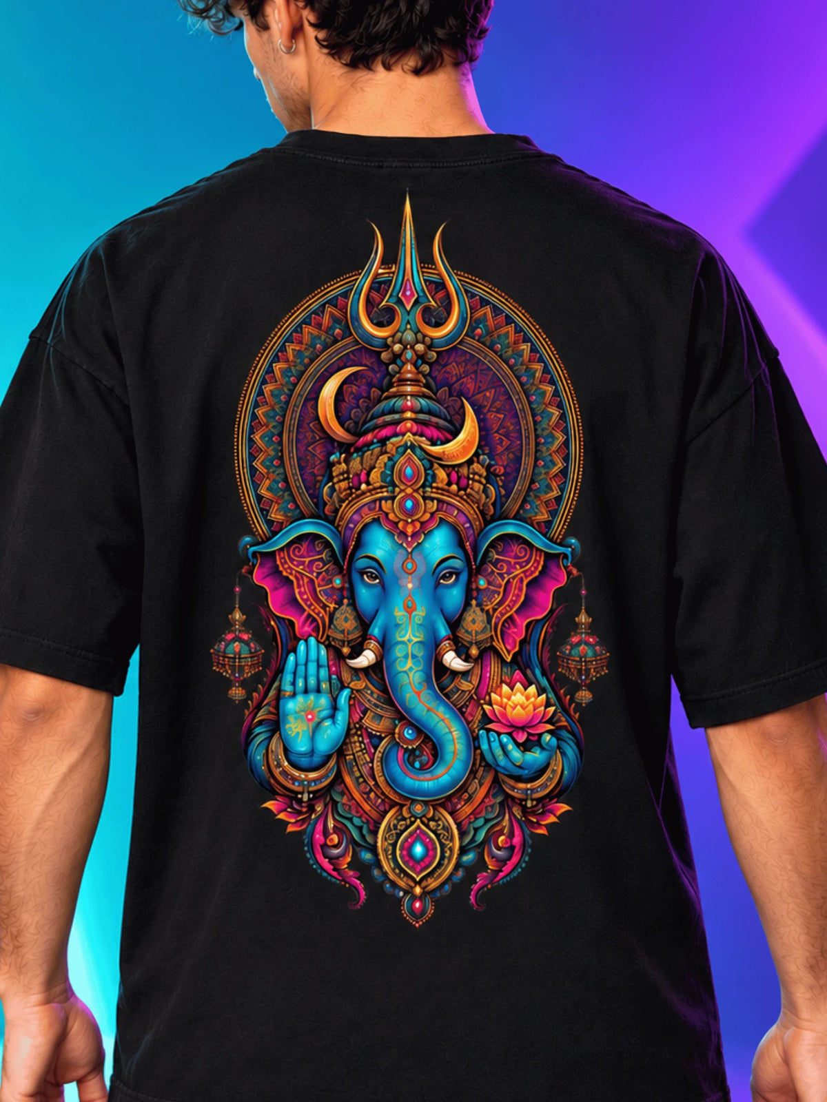 Excello Men's Divine Ganesha Trishul Graphic Oversized T-Shirt - 240 GSM Pure Cotton, Bio-Washed-Black