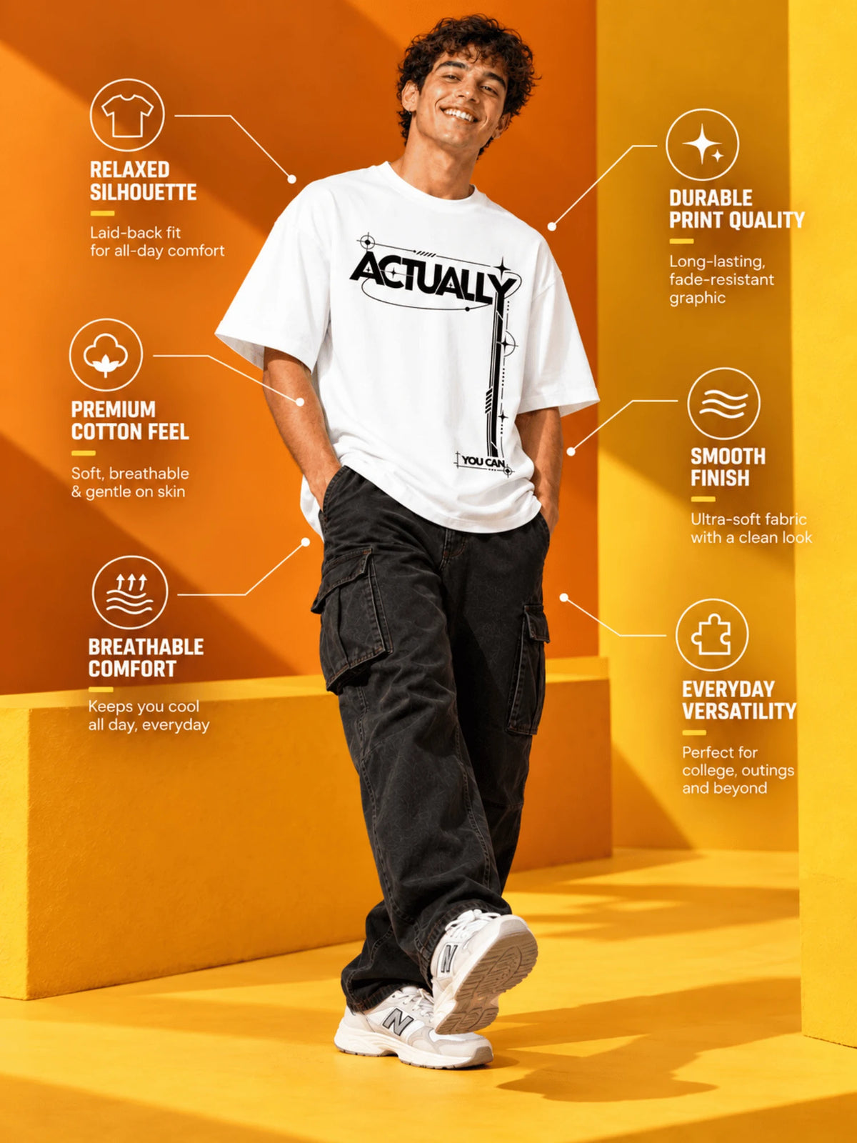 Excello Men's 'Actually You Can' Typography Oversized T-Shirt | White