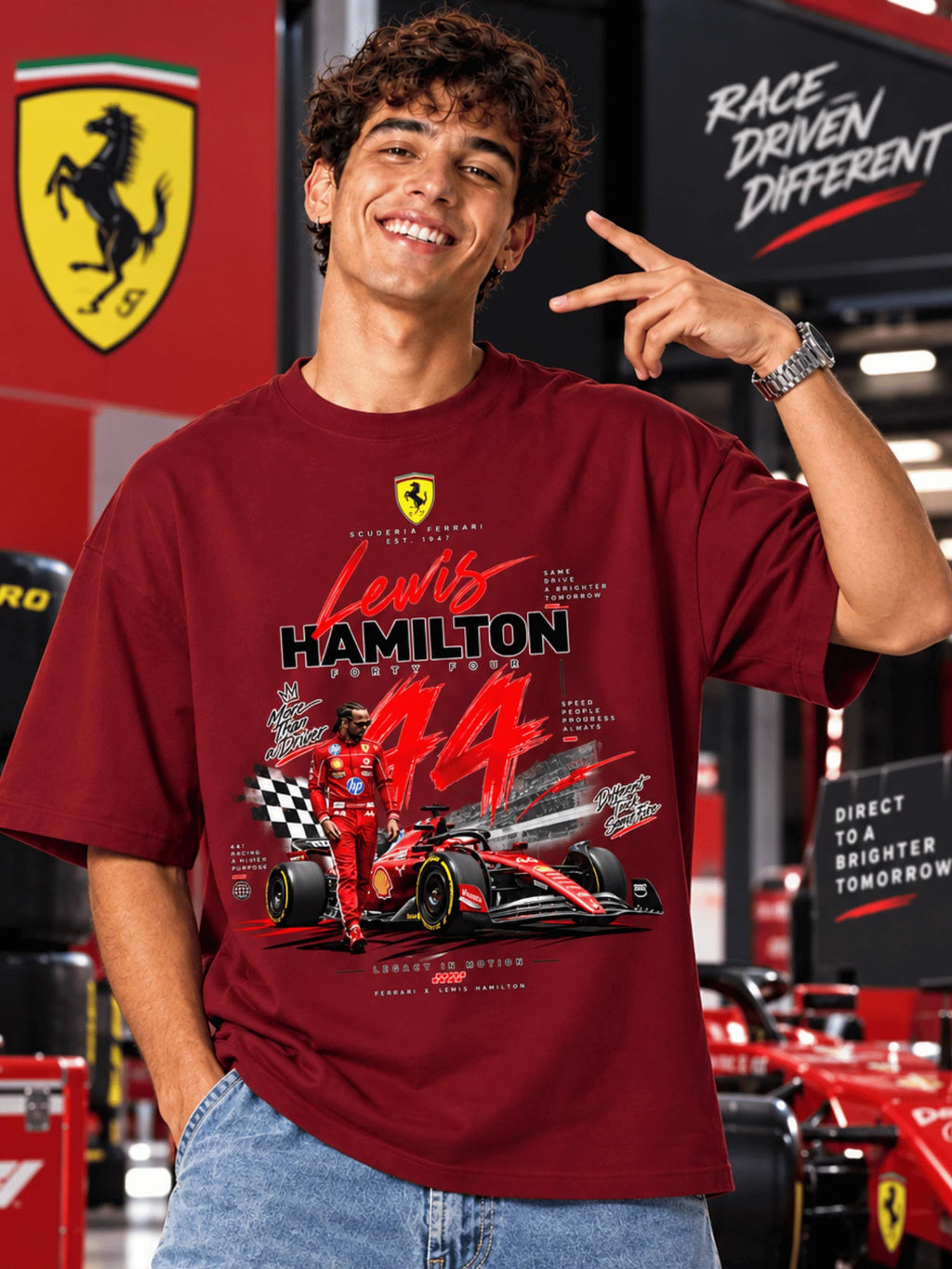 Excello Men's Lewis Hamilton 44 Scuderia Ferrari Graphic Oversized T-Shirt | Maroon