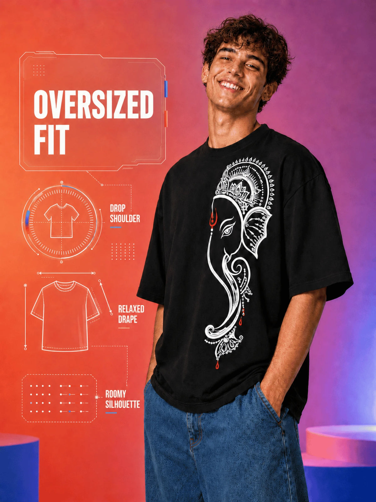 Excello Men's Minimalist Ganesha Line Art Graphic Oversized T-Shirt - 240 GSM Pure Cotton, Bio-Washed-Black