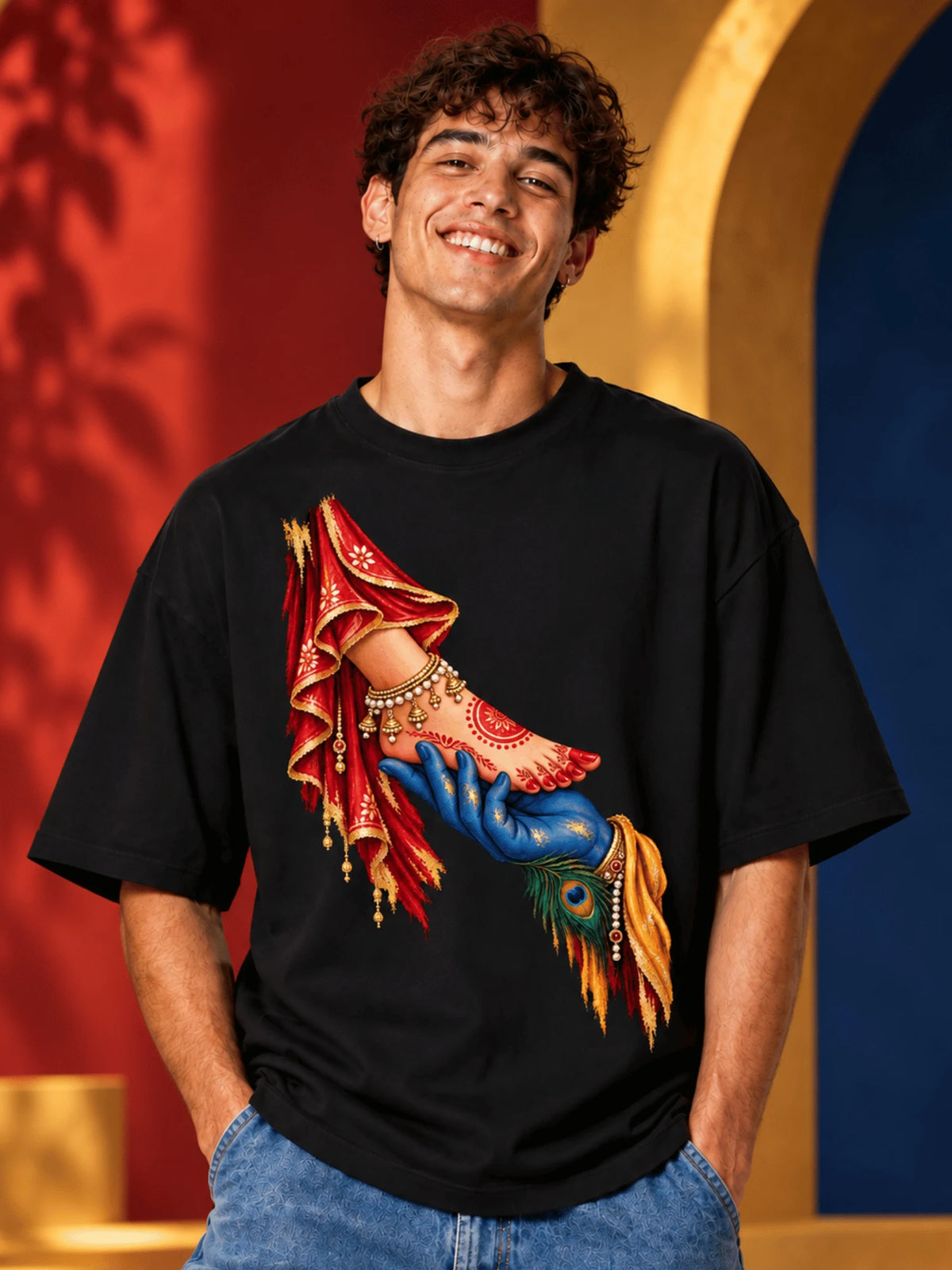 Excello Men's Divine Radha Krishna Love Graphic Oversized T-Shirt - 240 GSM | Black