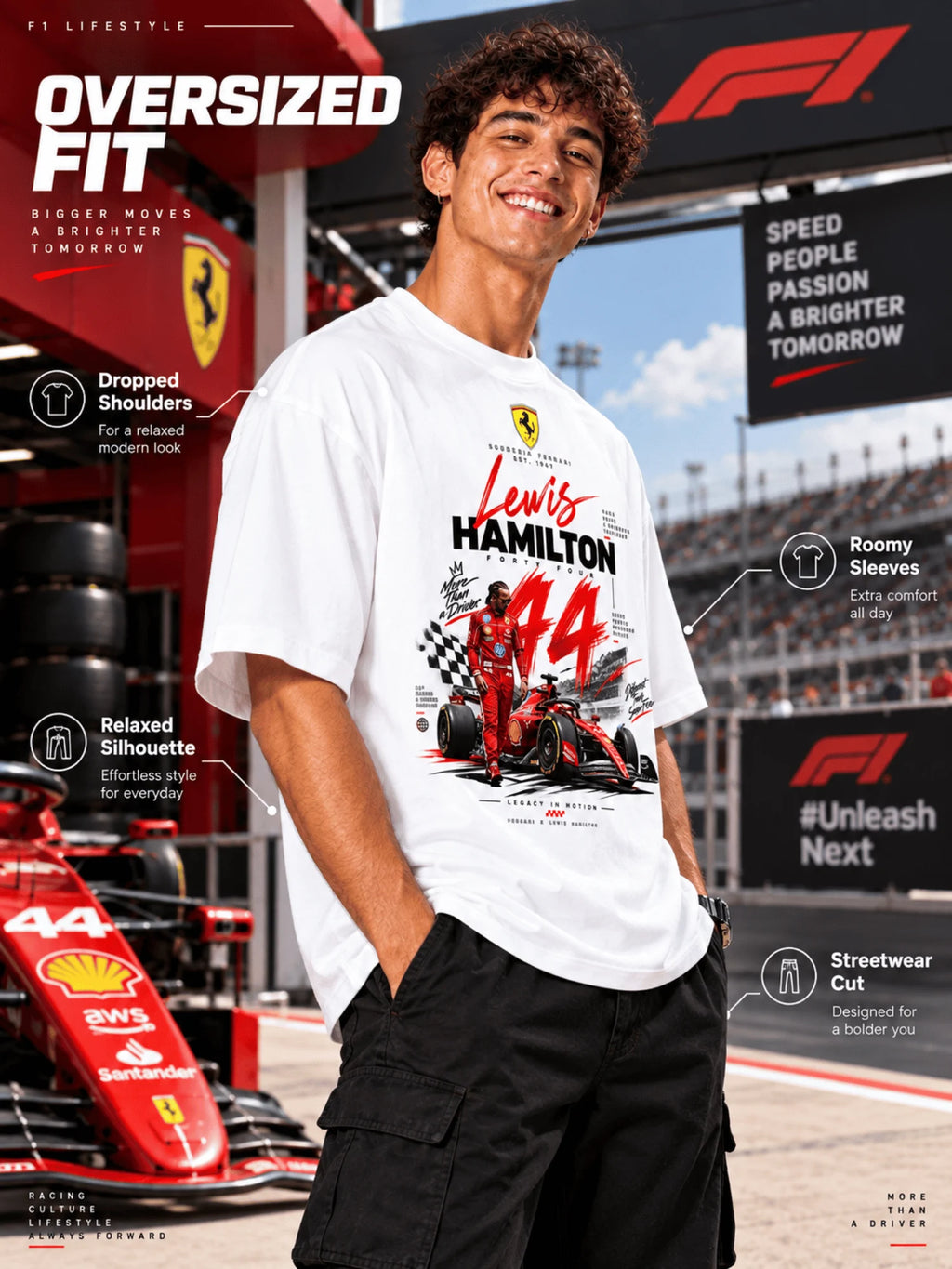 Excello Men's Lewis Hamilton 44 Scuderia Ferrari Graphic Oversized T-Shirt | White