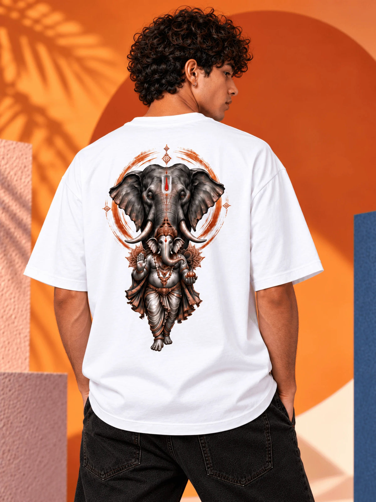 Excello Men's Majestic Elephant & Ganesha Graphic Oversized T-Shirt - 240 GSM Pure Cotton, Bio-Washed | White