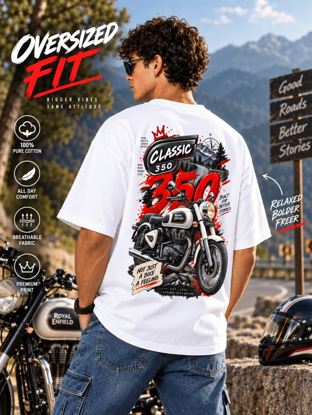 Excello Men's Royal Enfield Classic 350 Graphic Oversized T-Shirt | White