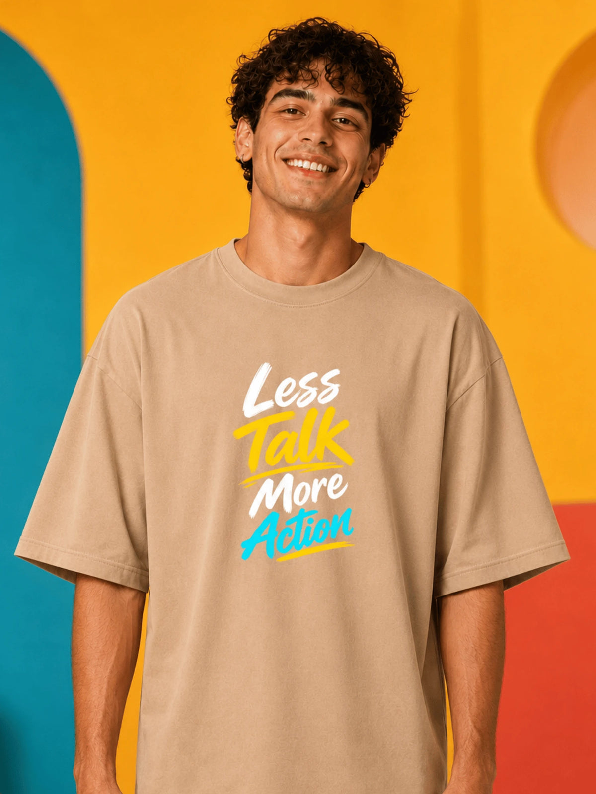 Excello Men's 'Less Talk More Action' Panda Graphic Oversized T-Shirt | Beige