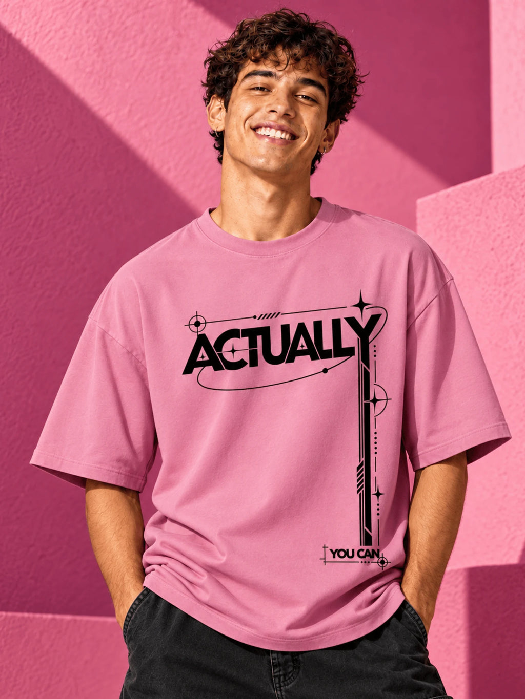 Excello Men's 'Actually You Can' Typography Oversized T-Shirt | Rose Pink