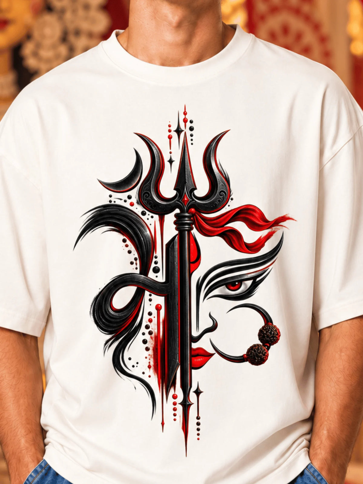 Excello Men's Divine Maa Durga Trishul Graphic Oversized T-Shirt - 180 GSM Premium Cotton | Off White