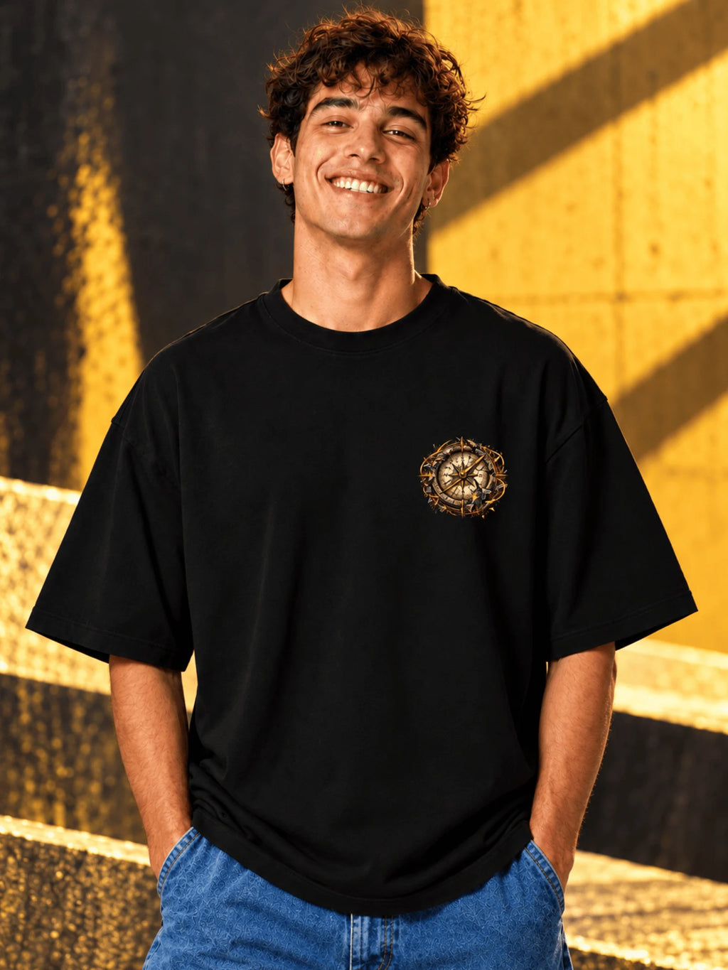 Excello Men's 'Lost But Never Broken' Compass Graphic Oversized T-Shirt | Black