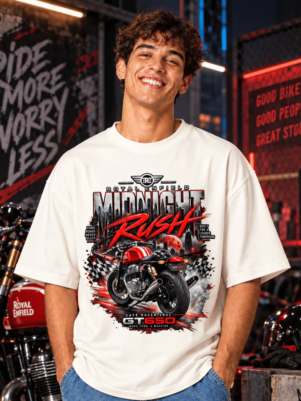 Excello Men's Royal Enfield GT 650 'Midnight Rush' Graphic Oversized T-Shirt | Off White