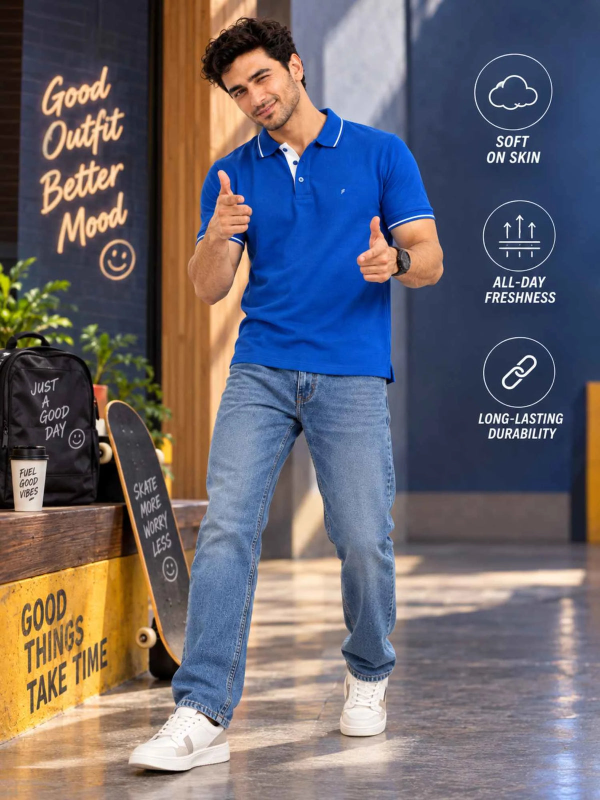 Premium 270 GSM Pure Cotton Biowash Tipping Polo T-Shirt - Heavyweight & Breathable | Royal Blue