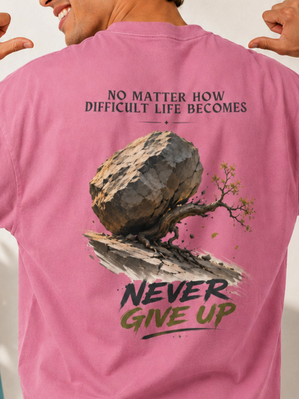 Excello Men's 'Never Give Up' Resilience Graphic Oversized T-Shirt | Rose Pink
