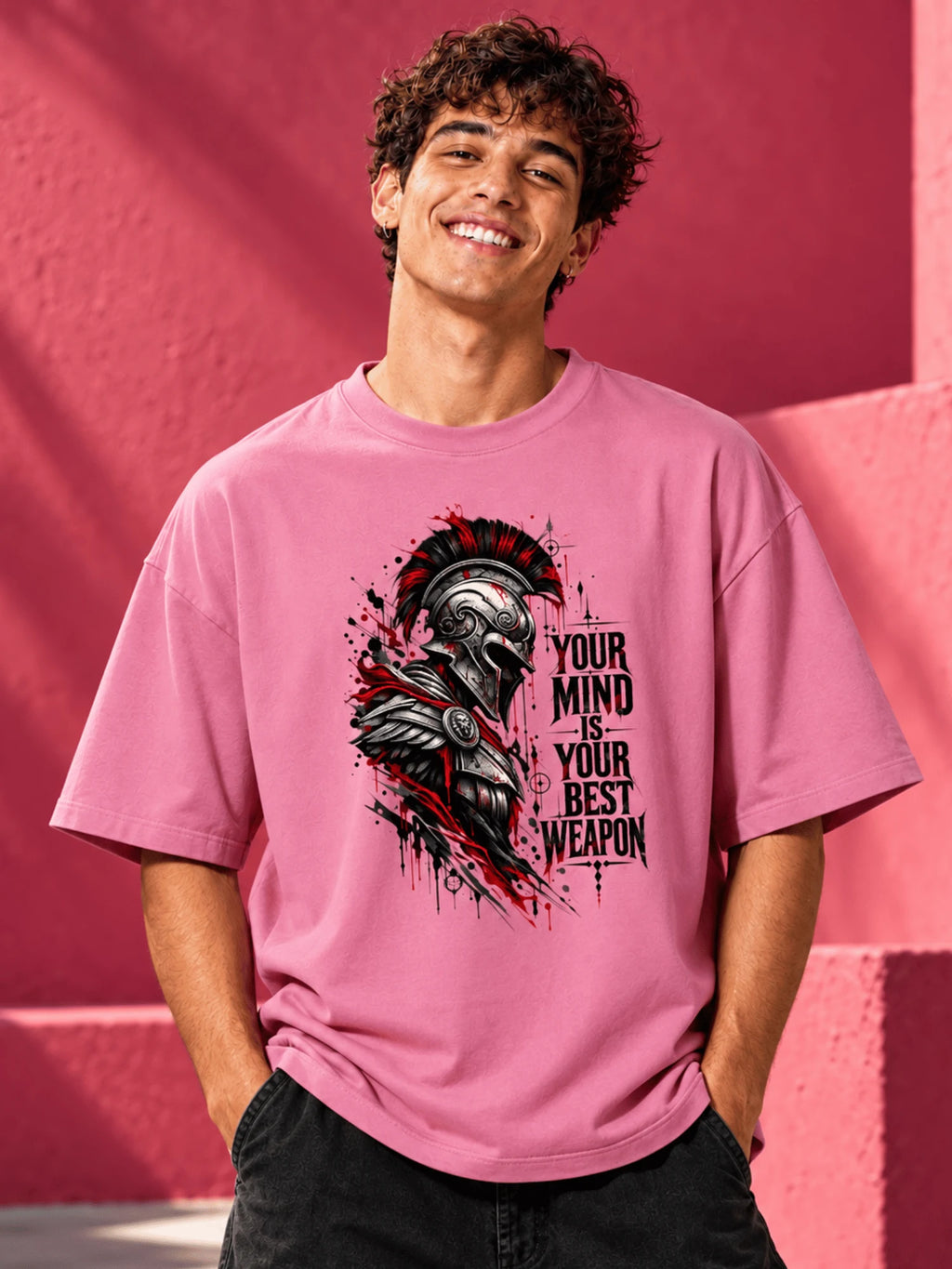 Excello Men's Spartan 'Your Mind Is Your Best Weapon' Graphic Oversized T-Shirt |  Rose Pink