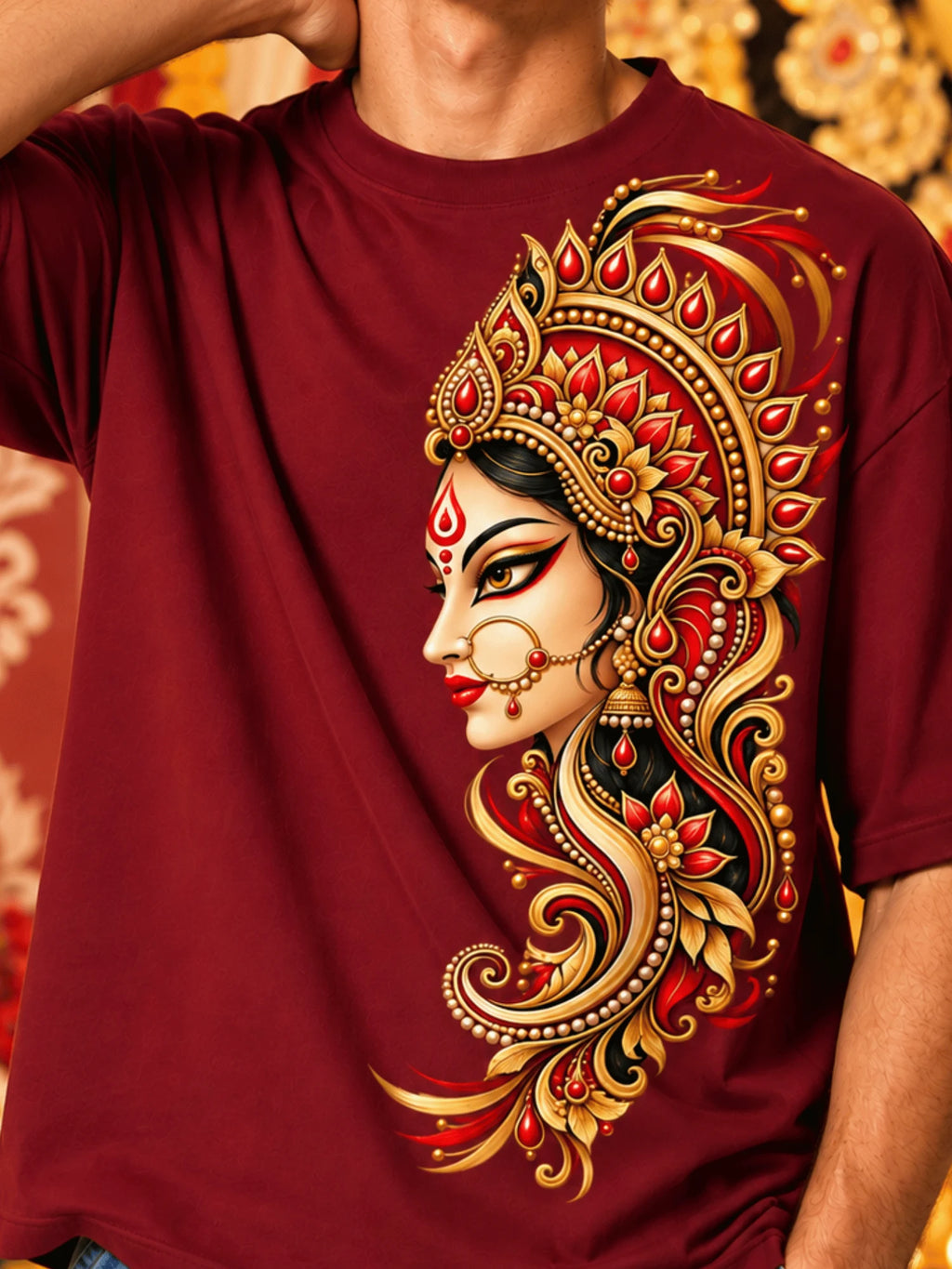 Excello Men's Divine Goddess Golden Profile Graphic Oversized T-Shirt | Maroon