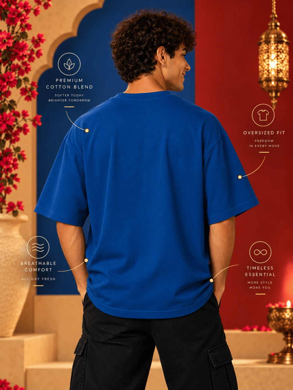Excello Men's Divine Radha Krishna Love Graphic Oversized T-Shirt - 240 GSM | AirForce Blue