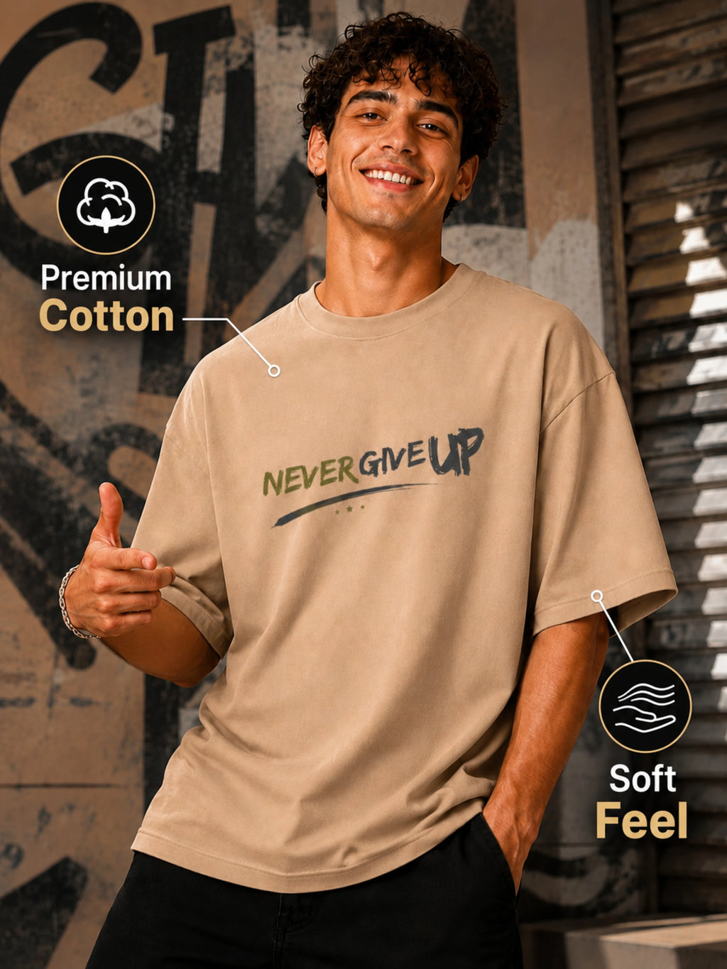 Excello Men's 'Never Give Up' Resilience Graphic Oversized T-Shirt | Beige