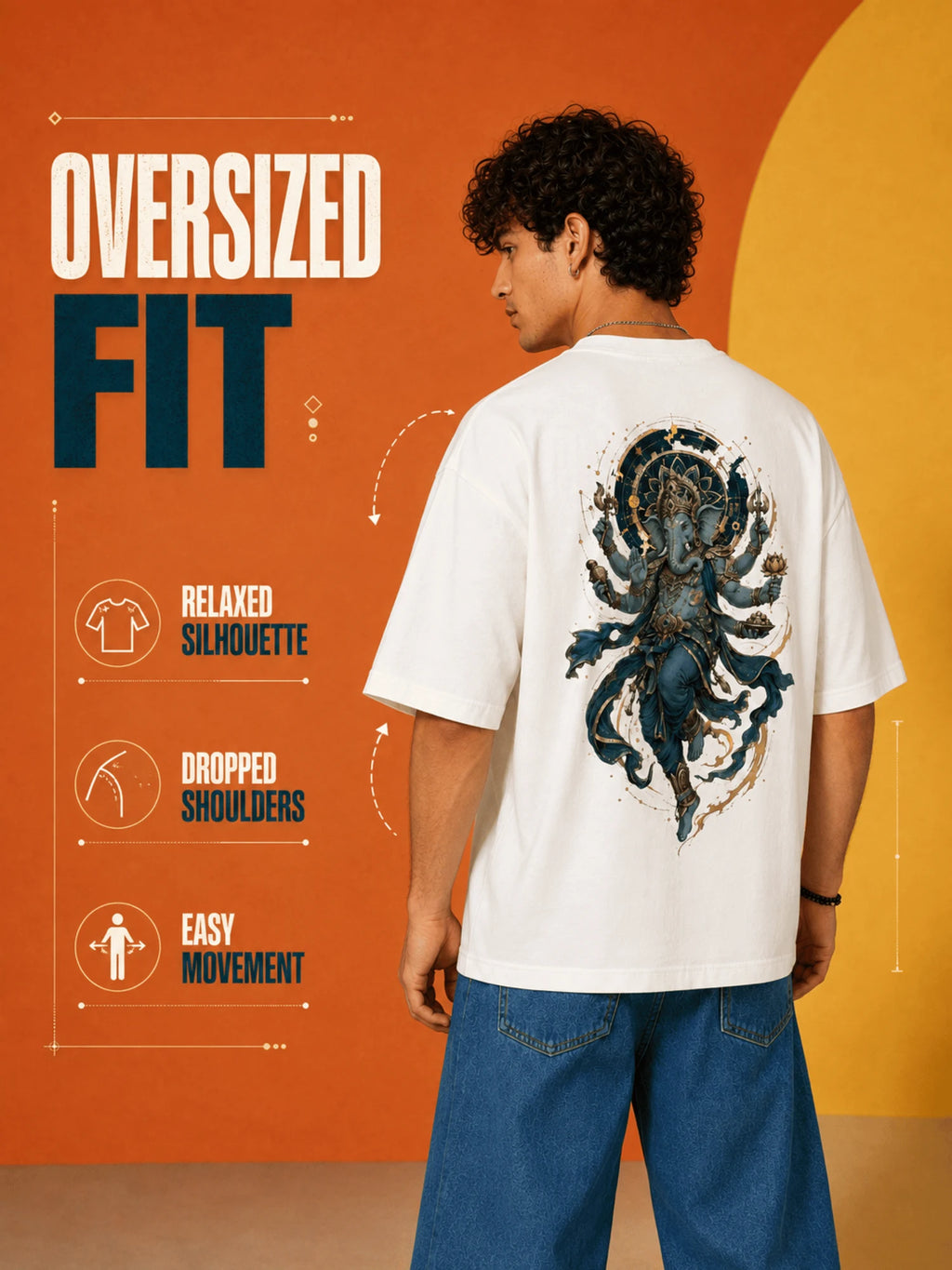 Excello Men's Divine Ganesha Graphic Oversized T-Shirt - 240 GSM Pure Cotton, Bio-Washed-Off White