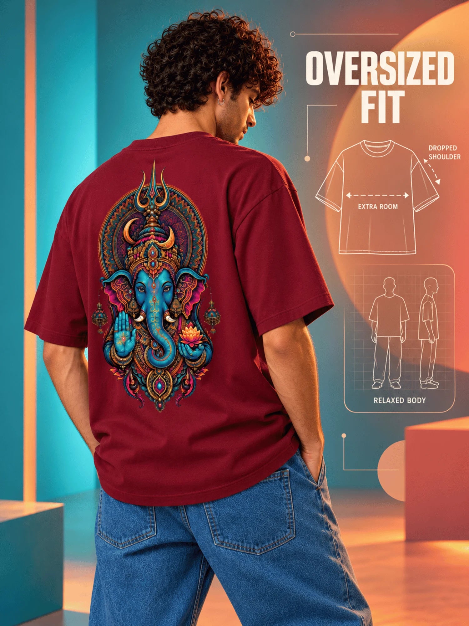 Excello Men's Divine Ganesha Trishul Graphic Oversized T-Shirt - 240 GSM Pure Cotton, Bio-Washed-Maroon