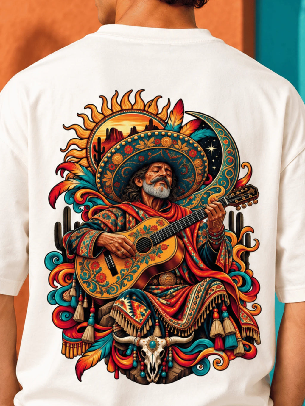 Excello Men's Mexican Musician Graphic Oversized T-Shirt | Off White