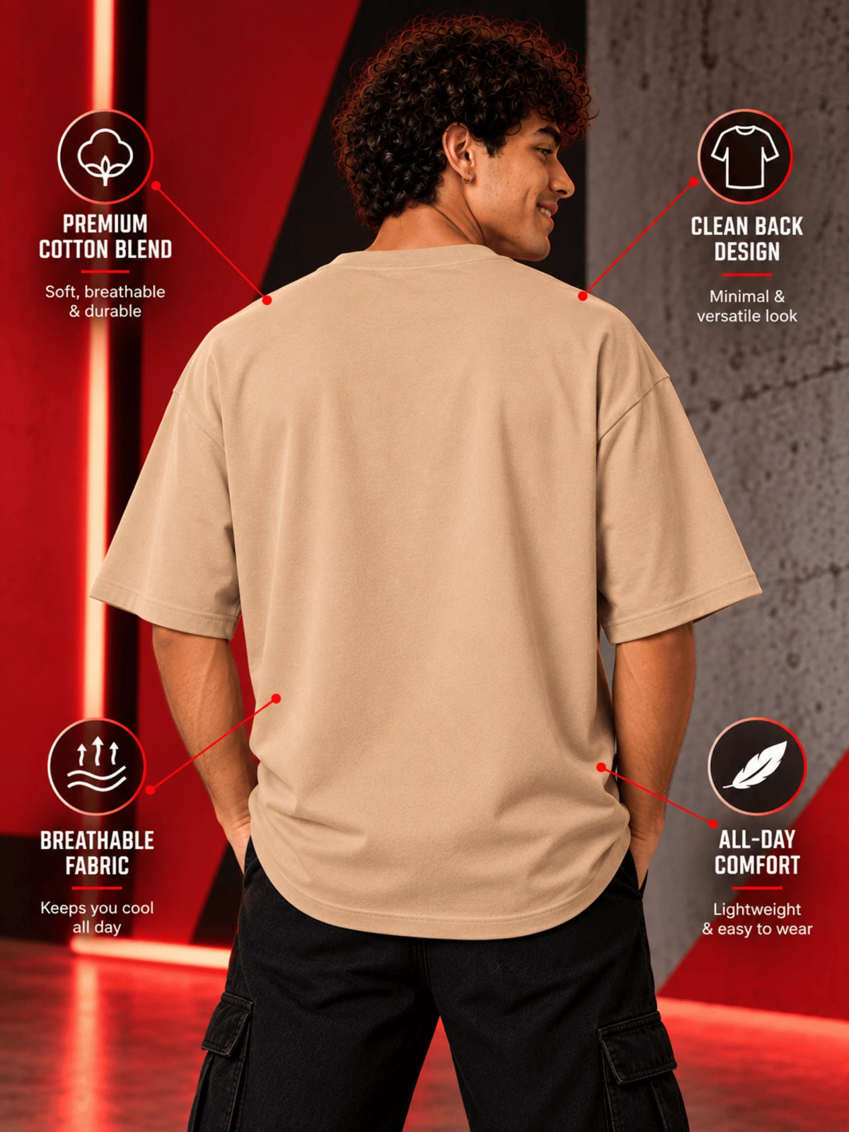 Excello Men's 'Never Give Up' Motivational Graphic Oversized T-Shirt |  Beige