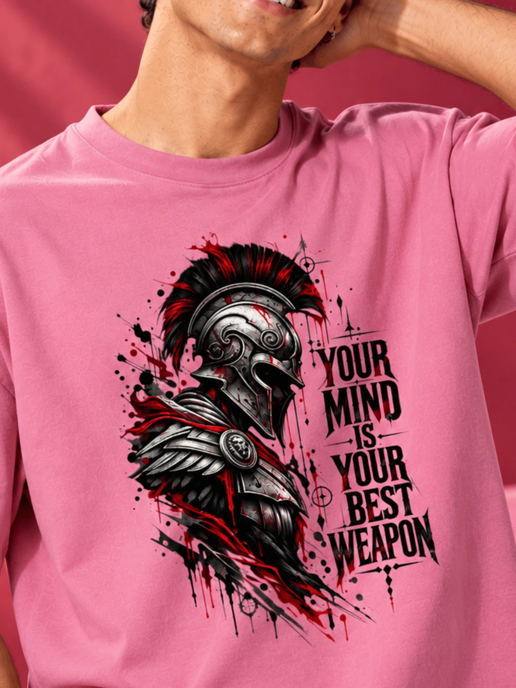 Excello Men's Spartan 'Your Mind Is Your Best Weapon' Graphic Oversized T-Shirt |  Rose Pink
