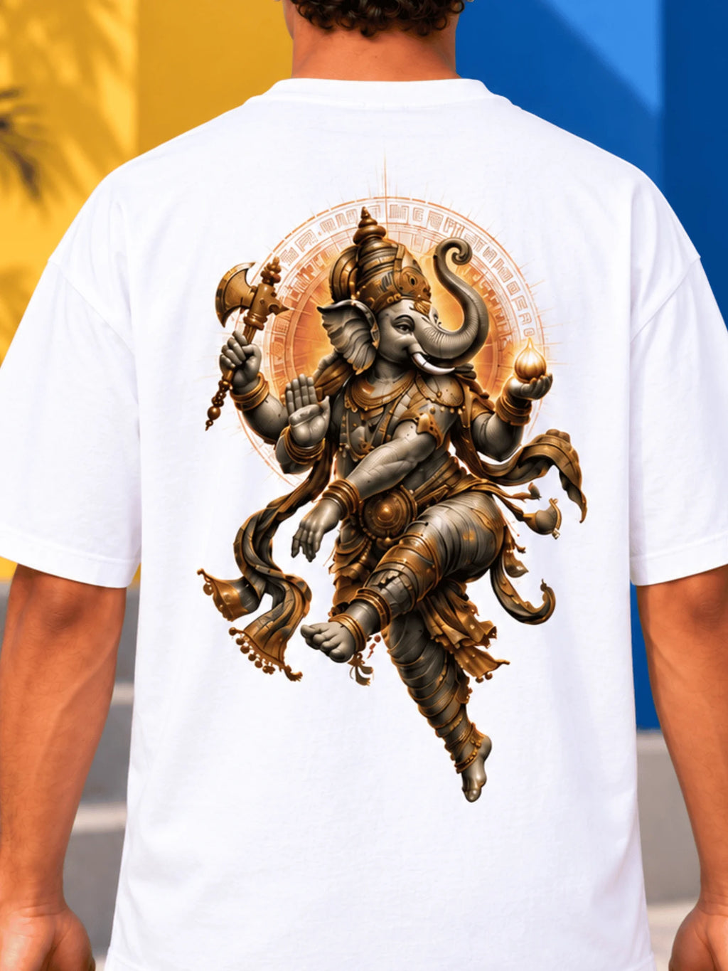 Excello Men's Dynamic Dancing Ganesha Graphic Oversized T-Shirt - 240 GSM Pure Cotton, Bio-Washed | White