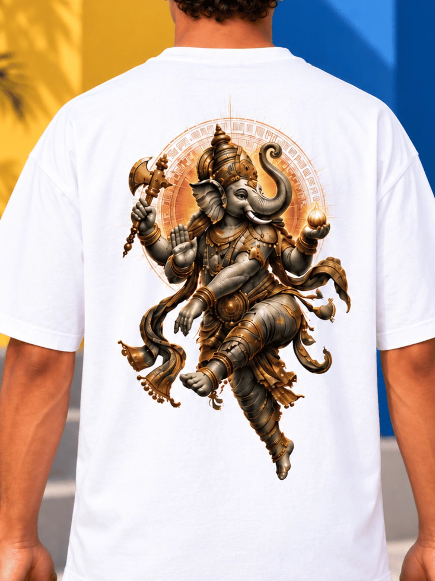 Excello Men's Dynamic Dancing Ganesha Graphic Oversized T-Shirt - 240 GSM Pure Cotton, Bio-Washed | White