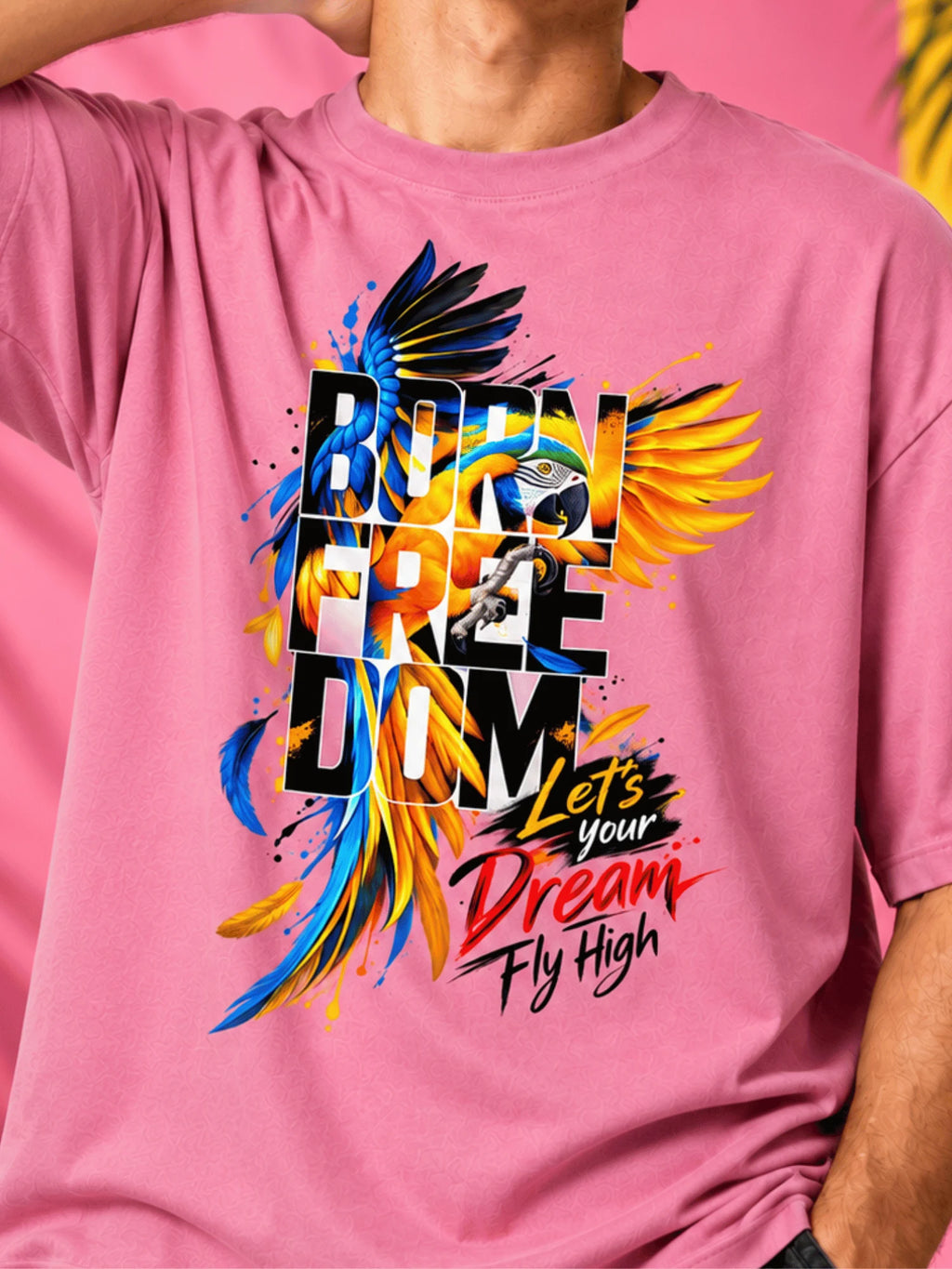 Excello Men's 'Born Freedom' Bird Graphic Oversized T-Shirt | Rose Pink