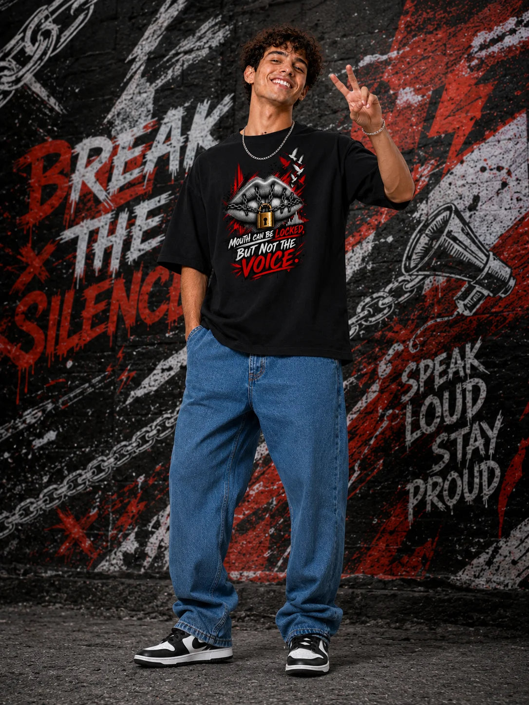 Excello Men's 'Unstoppable Voice' Typography Graphic Oversized T-Shirt | Black