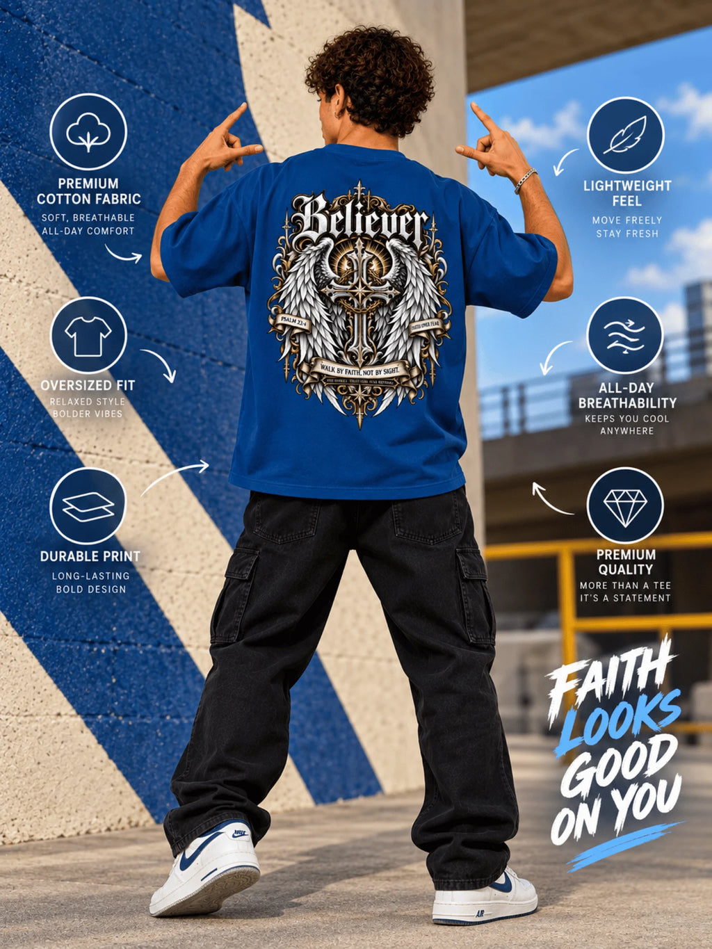 Excello Men's 'Believer' Cross & Wings Graphic Oversized T-Shirt | Air Force Blue