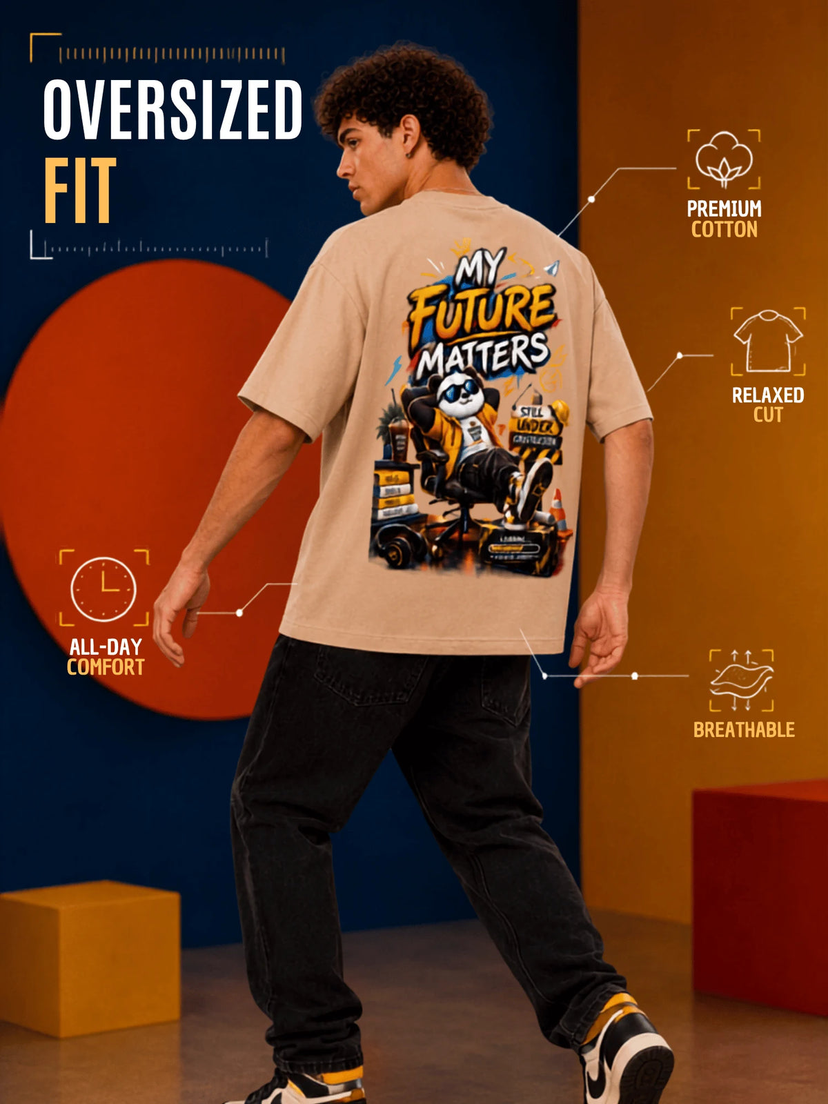 Excello Men's 'My Future Matters' Panda Graphic Oversized T-Shirt | Beige