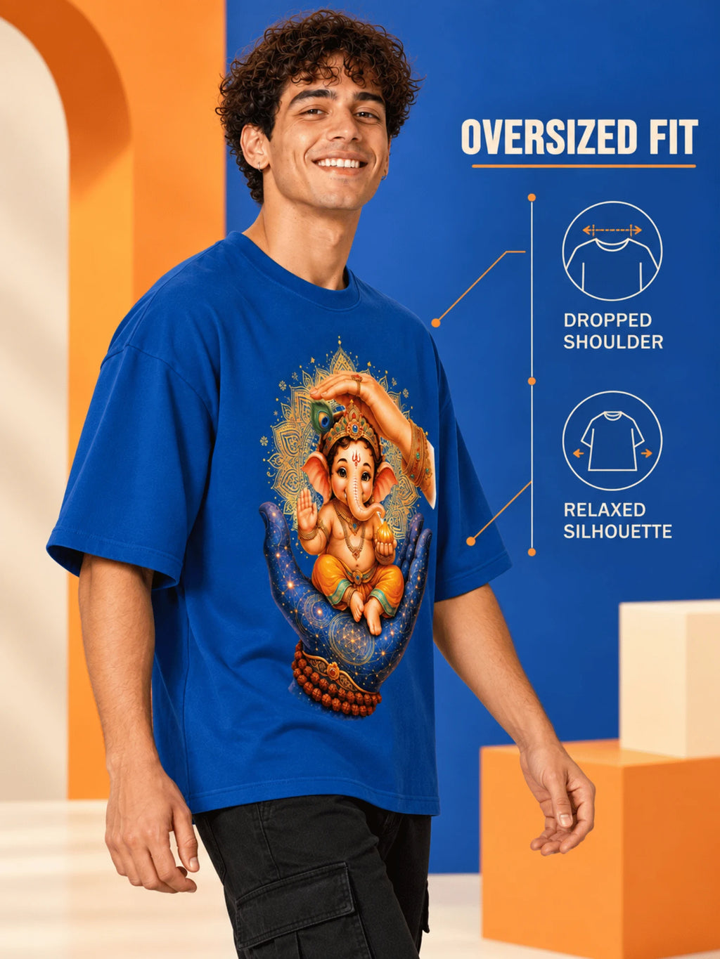 Excello Men's Divine Ganesha Blessing Graphic Oversized T-Shirt - 240 GSM Pure Cotton, Bio-Washed-AirForce Blue